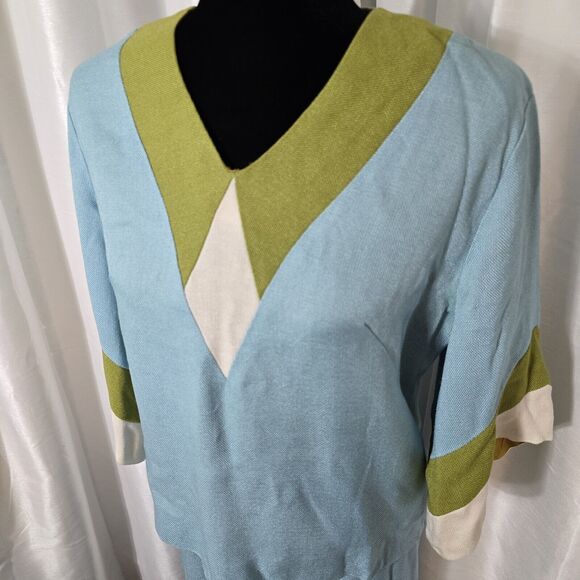 True Vintage 60s Skirt Suit Julie Miller Blouse Skirt Set 15/16 Womens Blue Gree - Picture 14 of 16